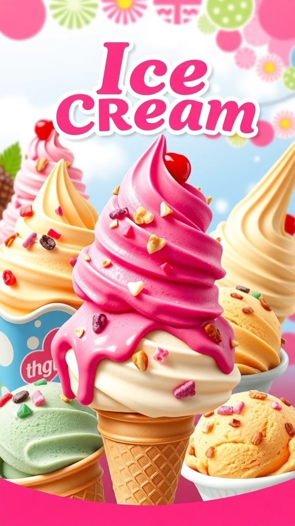 A vibrant ice cream flyer with scoops of different flavors, toppings, and a sunny background.